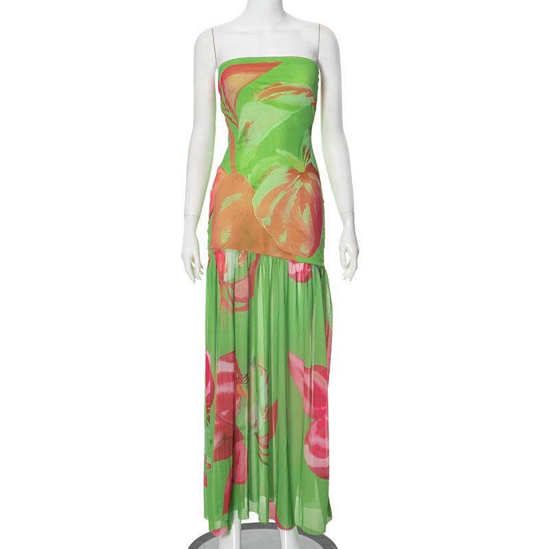 Strapless Slit Mesh Splicing Dress