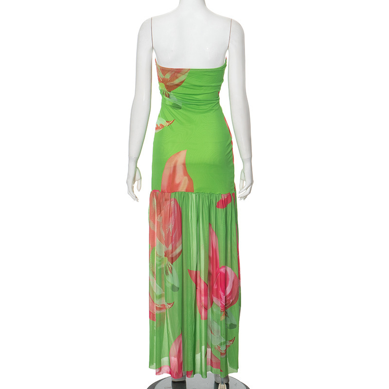 Strapless Slit Mesh Splicing Dress