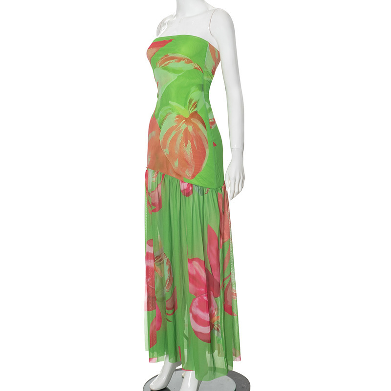 Strapless Slit Mesh Splicing Dress
