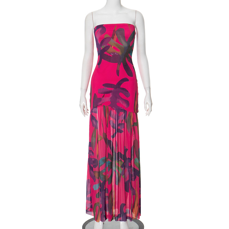 Strapless Slit Mesh Splicing Dress