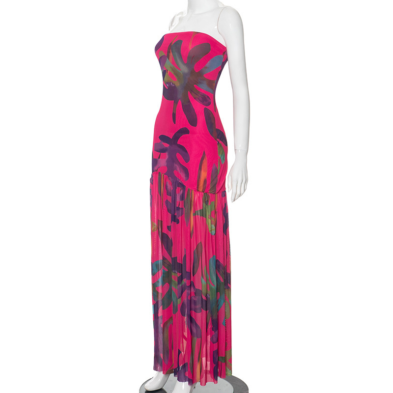 Strapless Slit Mesh Splicing Dress