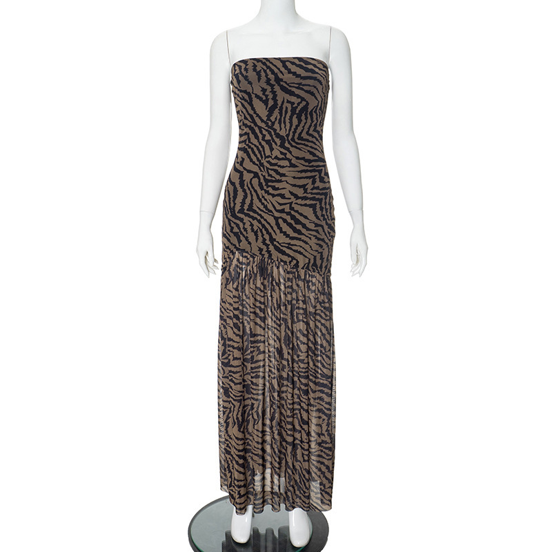 Strapless Slit Mesh Splicing Dress