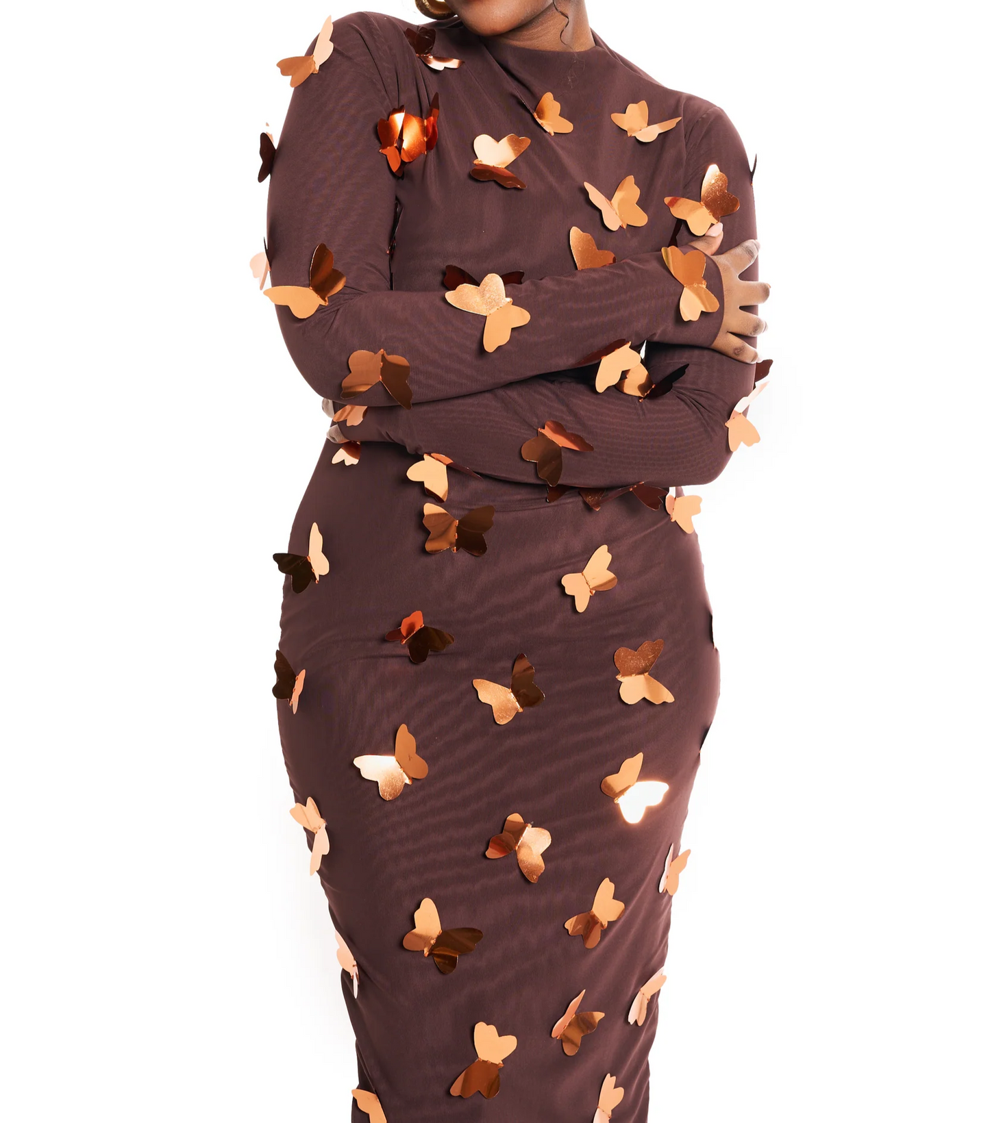 Cocoa Bronze Mesh Butterfly Midi Dress