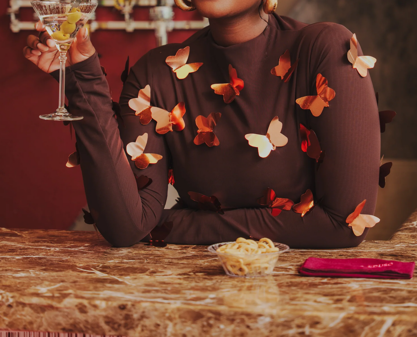 Cocoa Bronze Mesh Butterfly Midi Dress