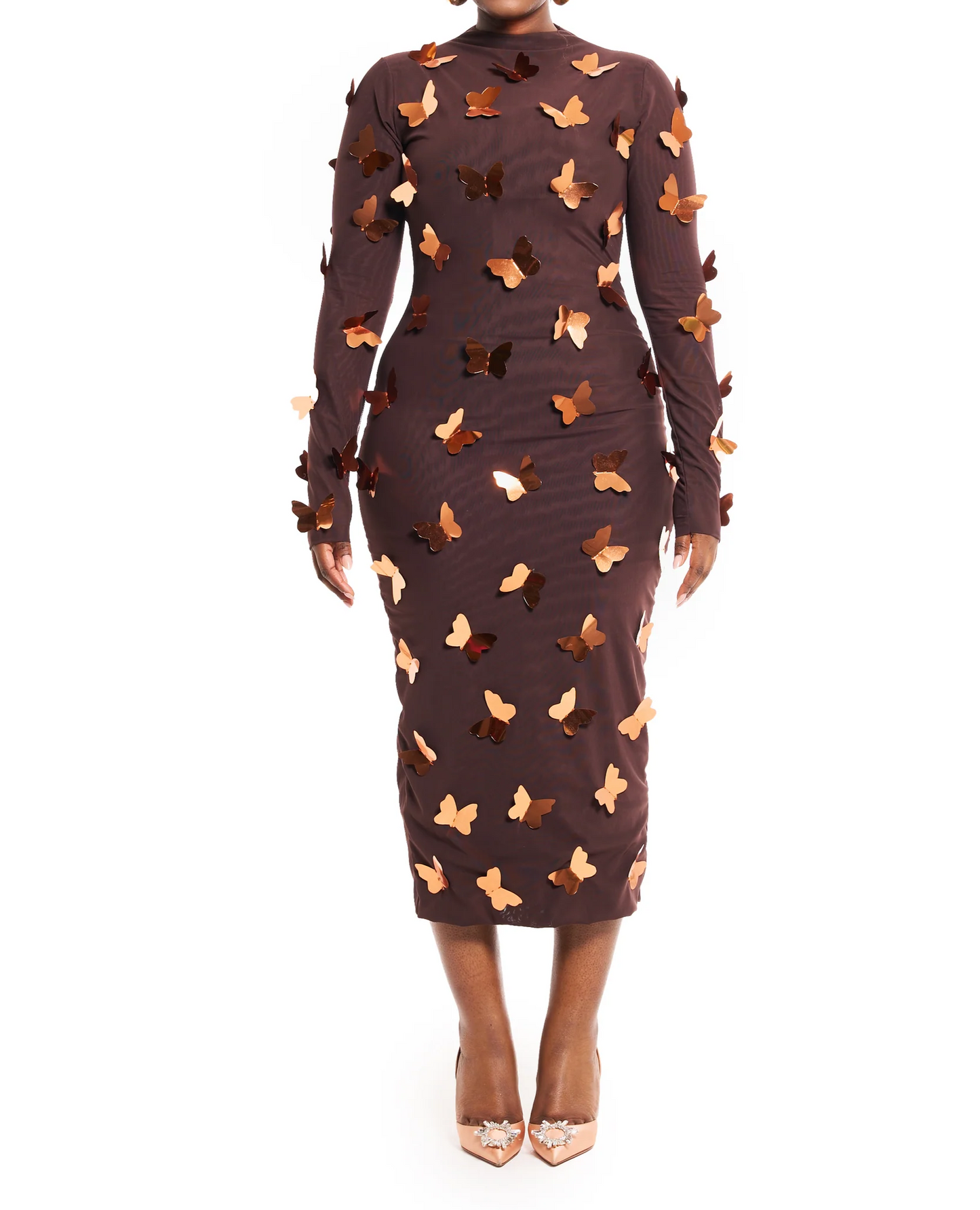 Cocoa Bronze Mesh Butterfly Midi Dress