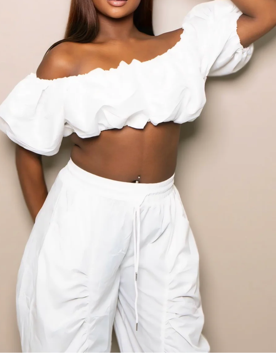 Lacy Ruched Perfection Off-Shoulder Crop Top & Pants Set