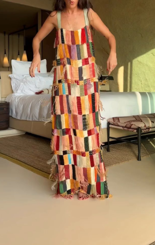Fringed Embellished Silk Midi Dress