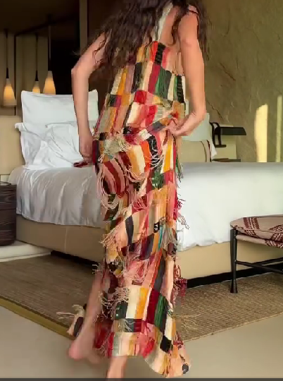 Fringed Embellished Silk Midi Dress