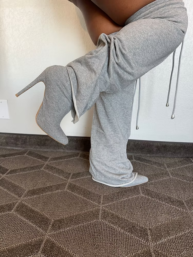 Grey Sweat Oversleeved Stiletto Knee High Boot