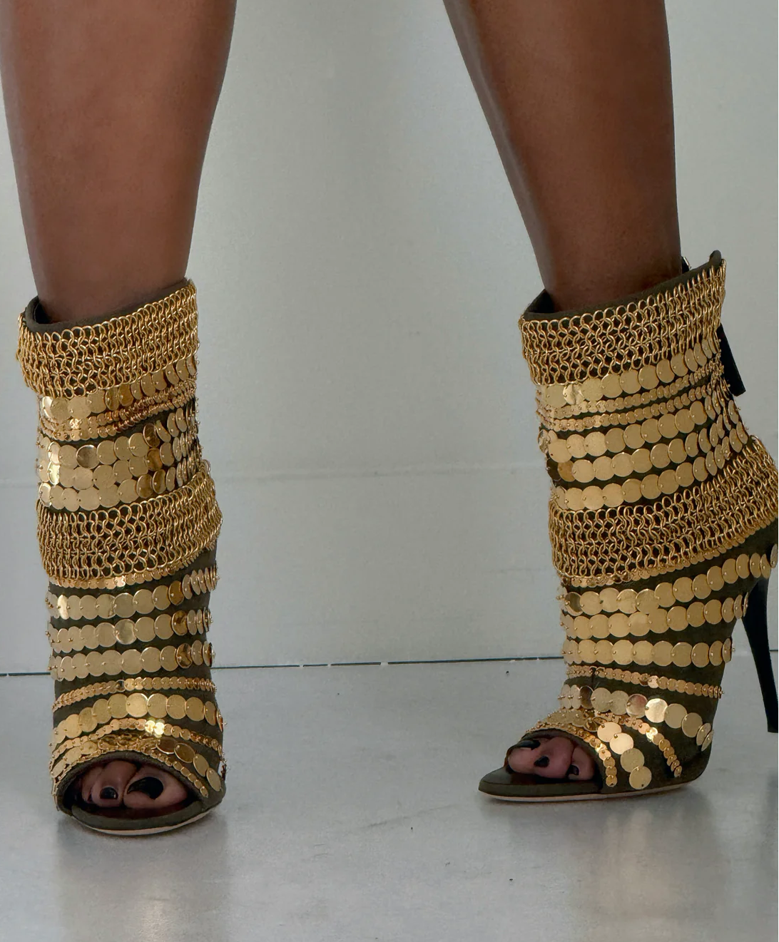 Gold Chain-Stitched High Heels