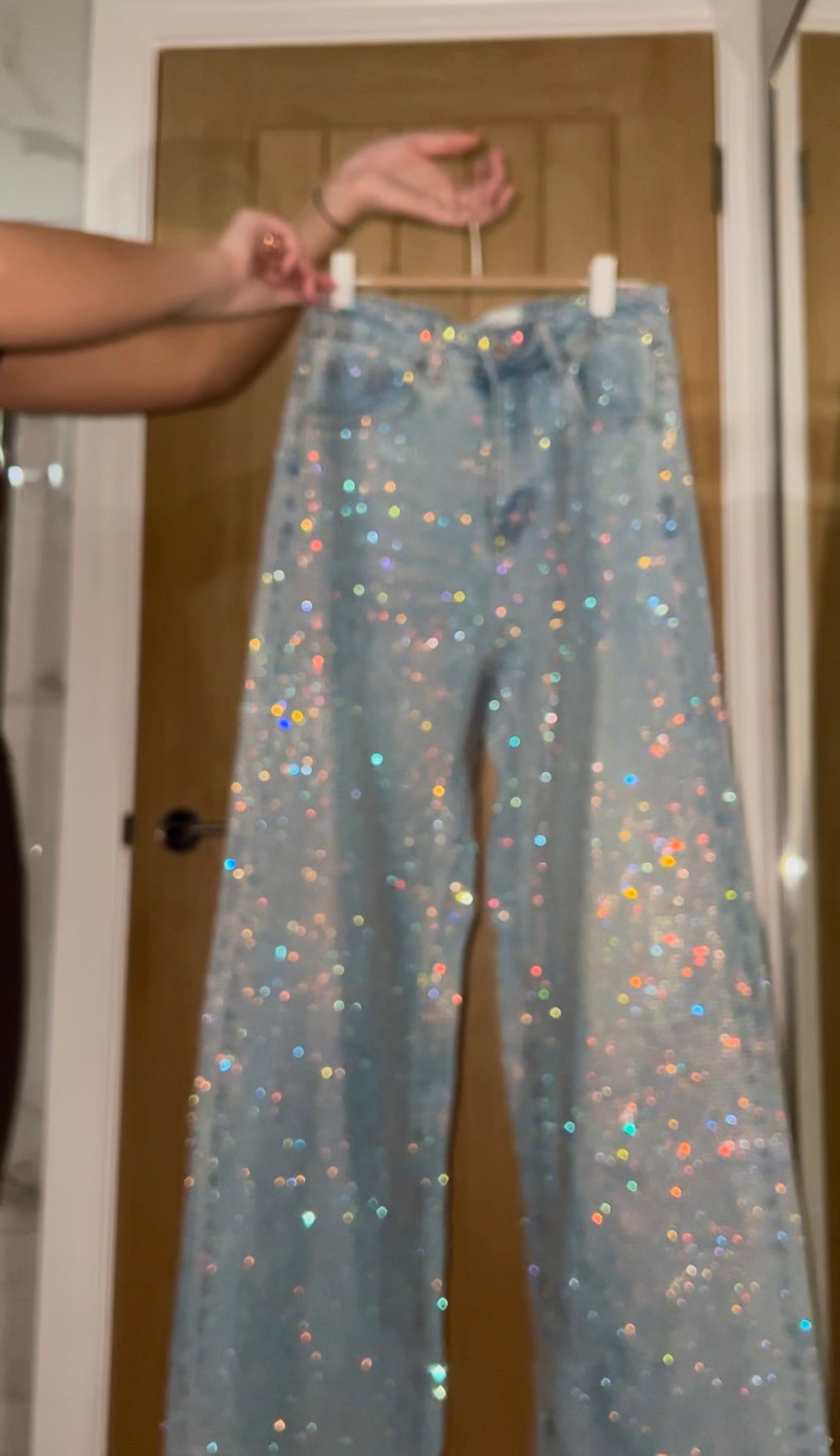 Rainbow Diamond Blue Wide Leg Sparkle Covered Jeans