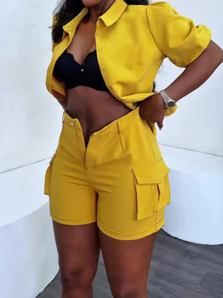 Puff Sleeve Pockets Two Pieces Set