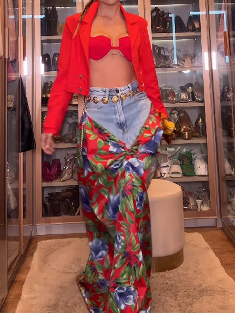 Denim Printed Patchwork Maxi Skirt