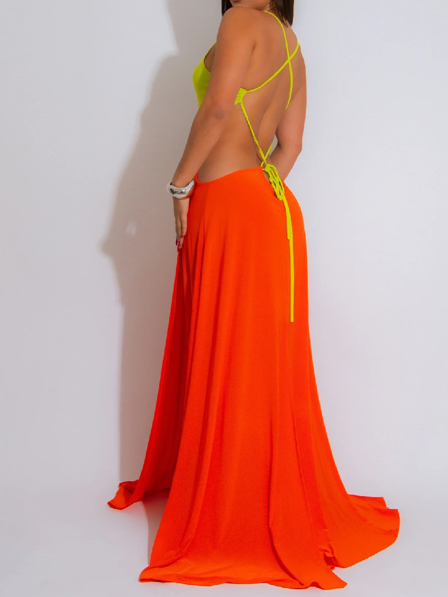 The Backless High Split Color Dress