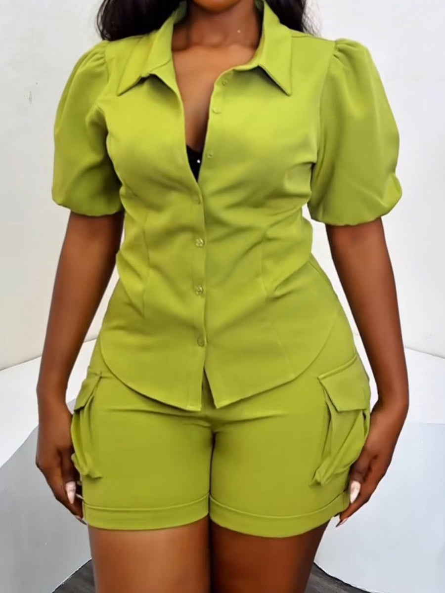 Puff Sleeve Pockets Two Pieces Set
