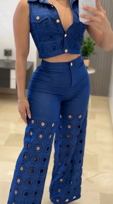 Button Collar Top Hole Hollow Out Trousers Casual Suit