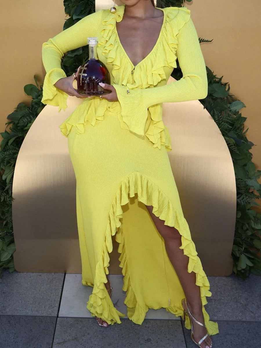 Ruffled Deep V Neck Two Pieces Dress