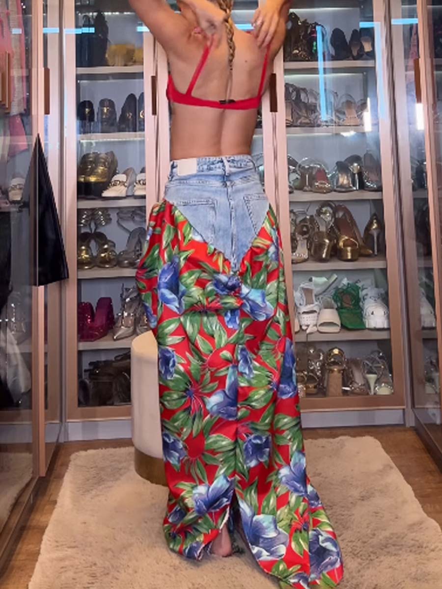 Denim Printed Patchwork Maxi Skirt
