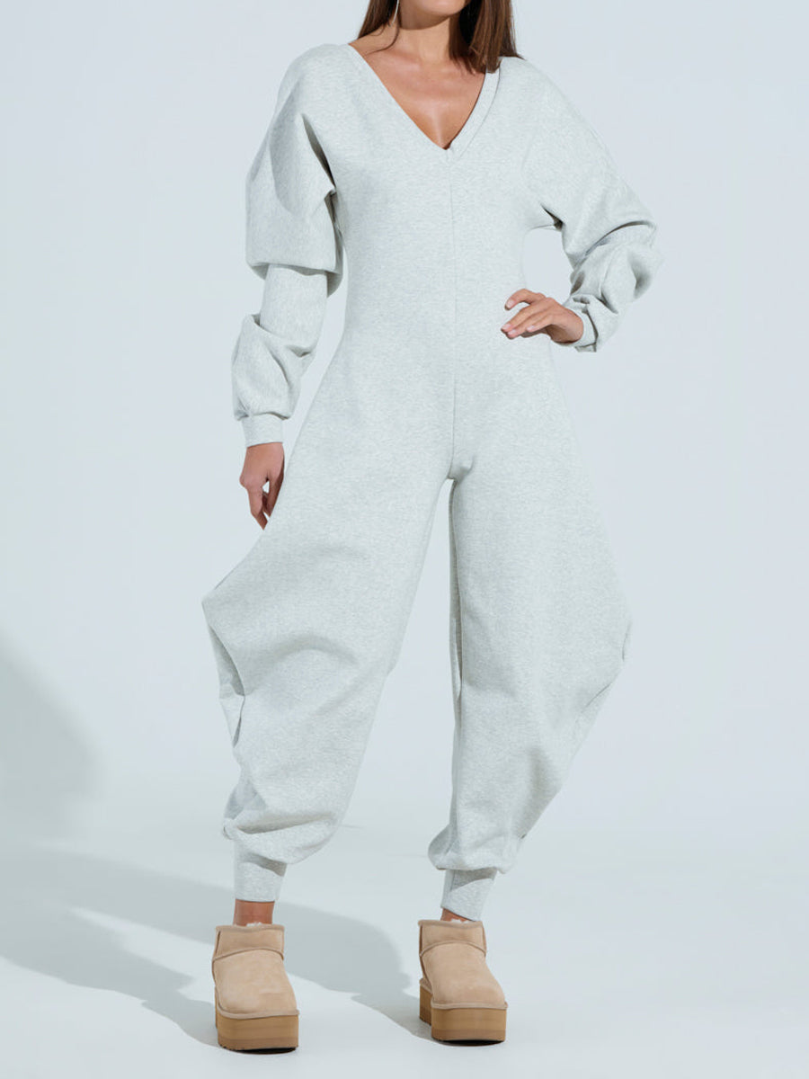 Deep V Neck Long Sleeve Shapely Jumpsuit
