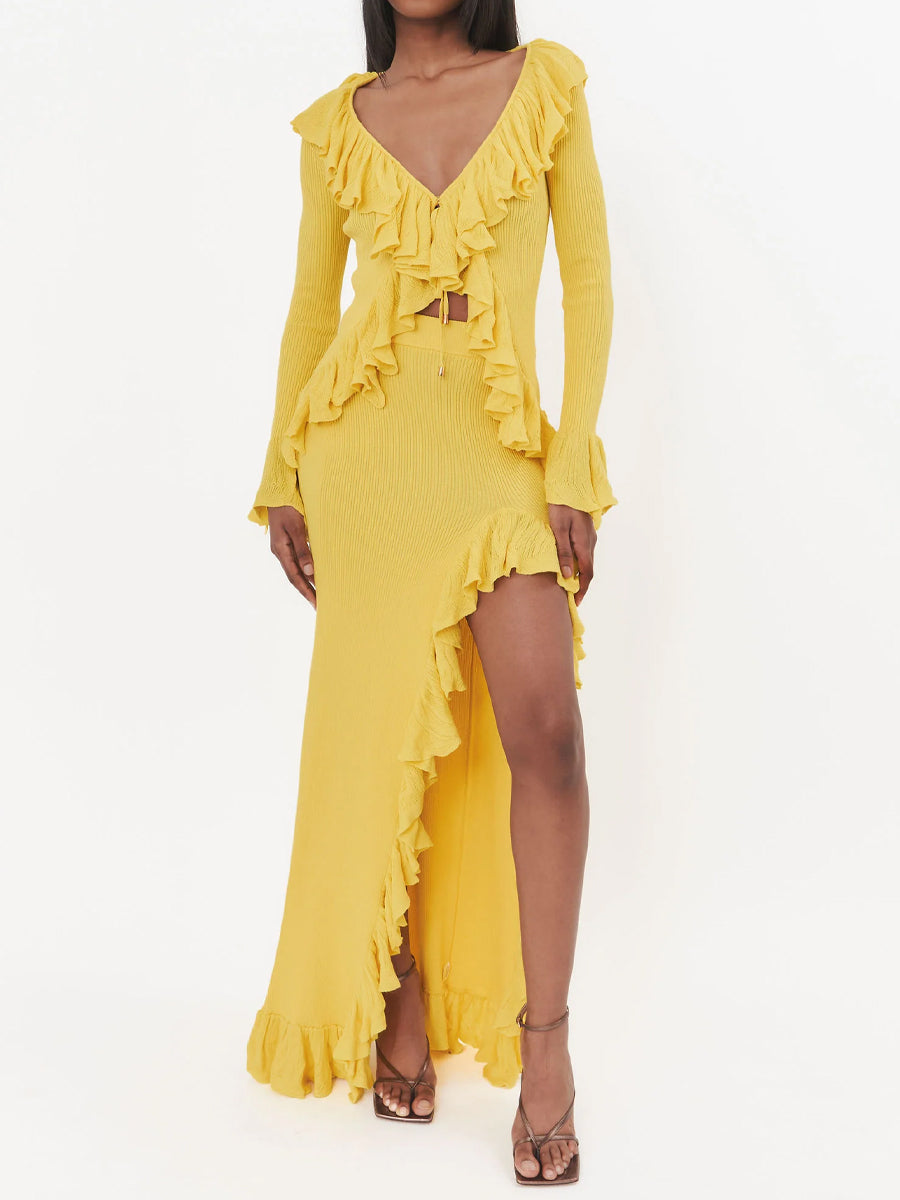 Ruffled Deep V Neck Two Pieces Dress