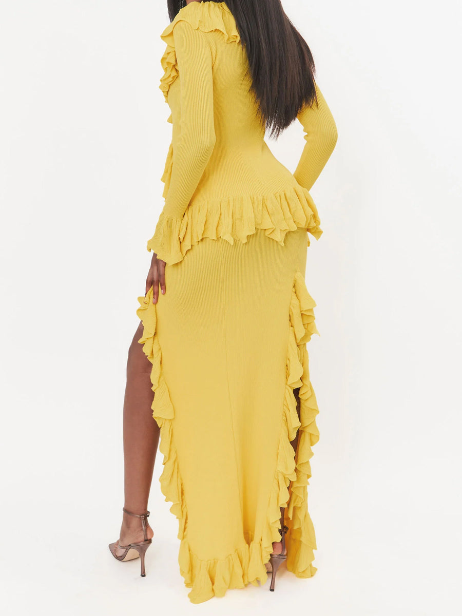 Ruffled Deep V Neck Two Pieces Dress