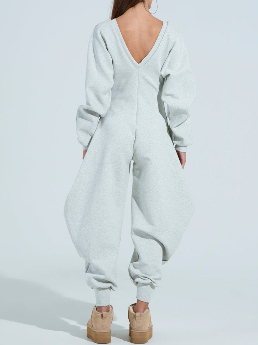 Deep V Neck Long Sleeve Shapely Jumpsuit