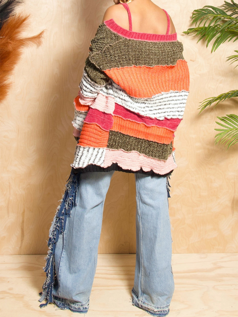 Multicolor Knitted Patchwork Two Pieces Dress