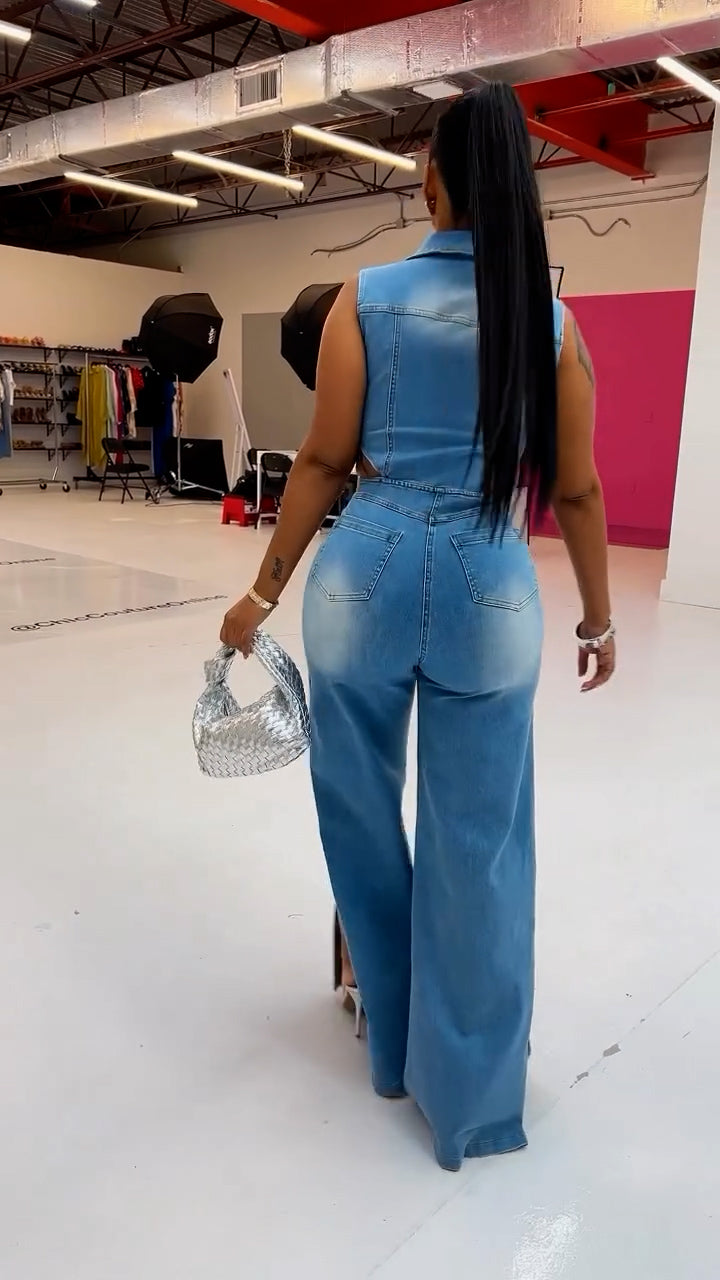 Snap It Out Wide Leg Denim Jumpsuit