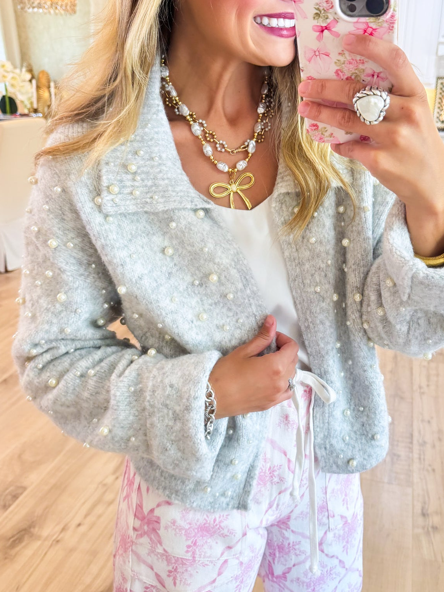 Pearl-Embellished Knit Coat