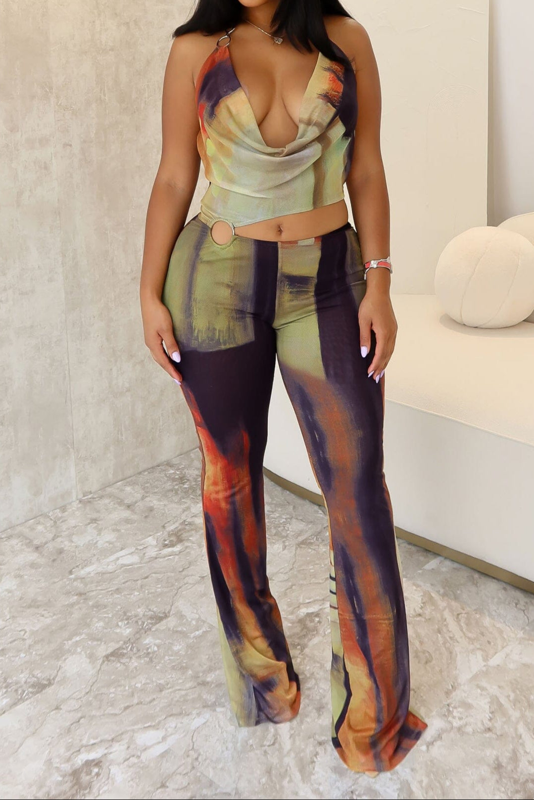 Good 4 U Print Mesh Cowl Neck Jumpsuit