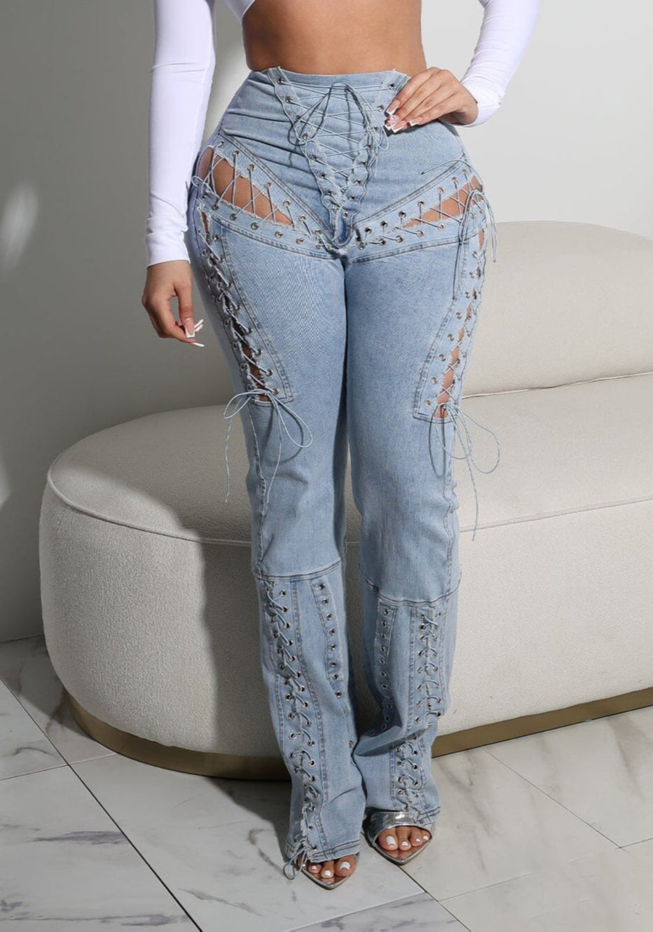 Marise High Waist Lace Up Jeans & Tank Top Set