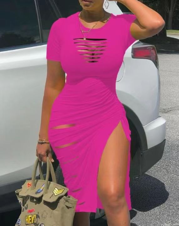 Crewneck Hole Split Folated Dress