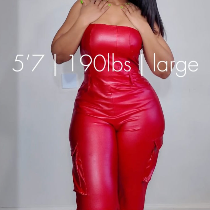 Off-the-shoulder Tube Top PU Leather Jumpsuit