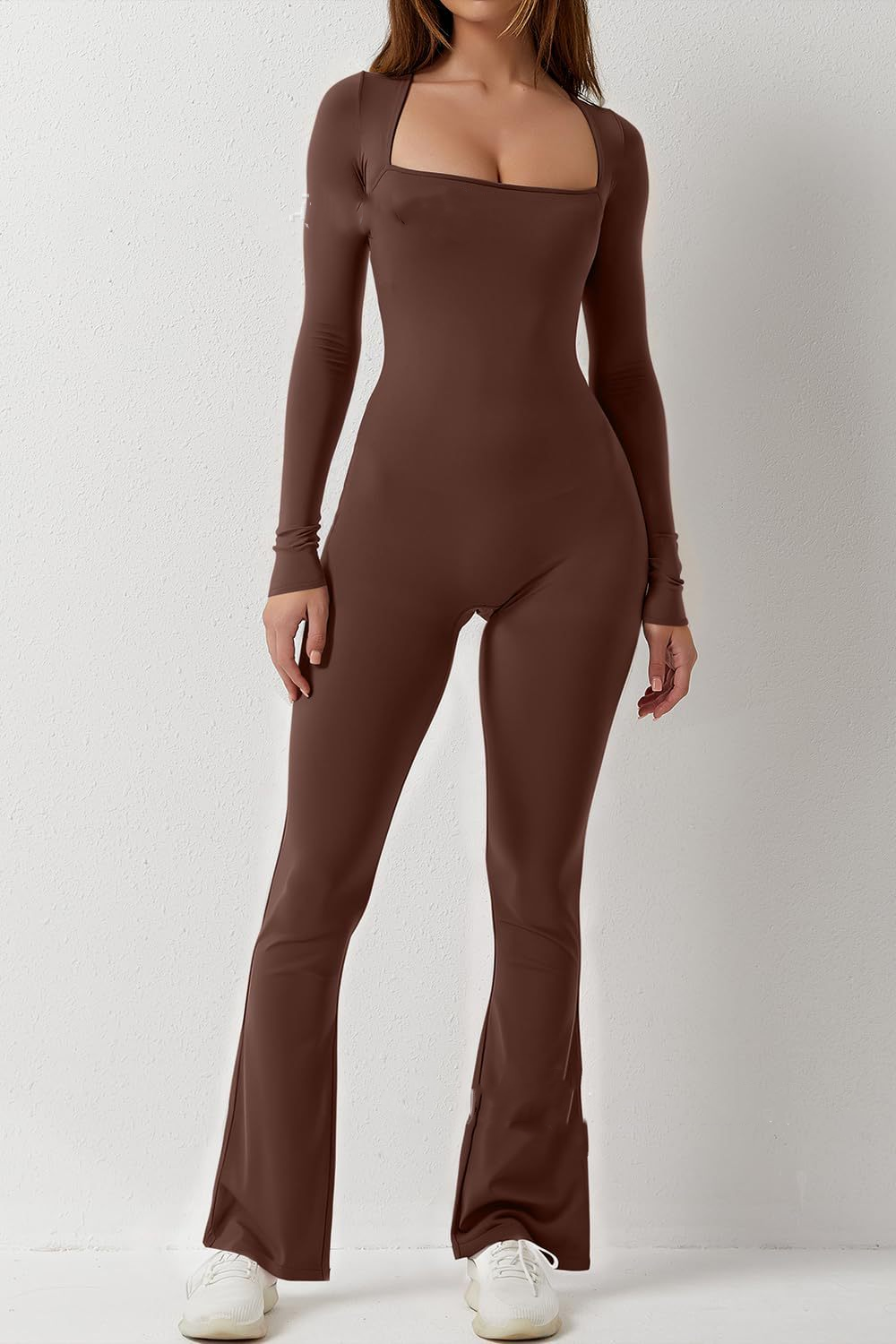 Square Neck Solid Color Long Sleeve Sports Jumpsuit