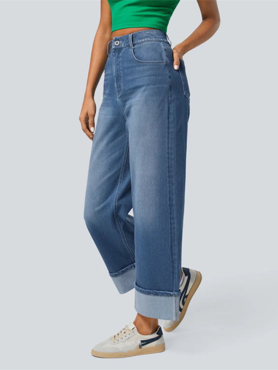 Chic Wide Leg Cuffed Jeans