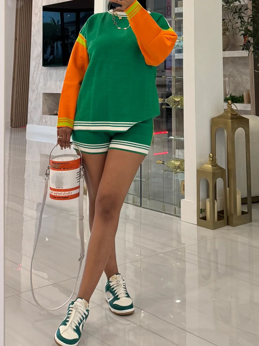 Casual Colorblock Long Sleeve Knitted Suit