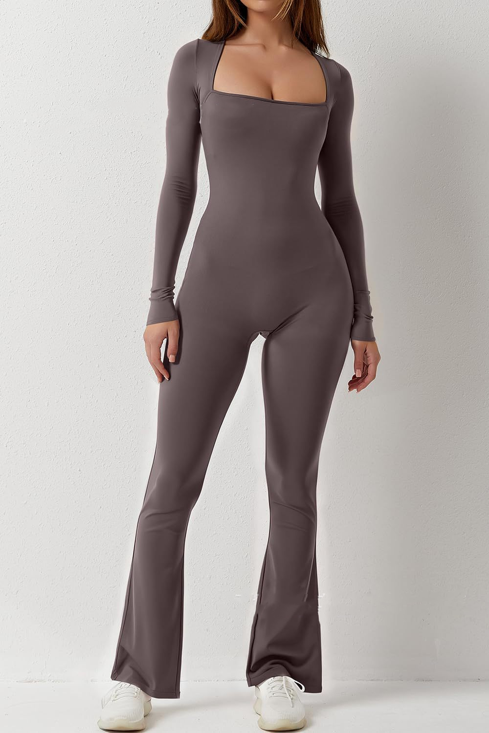 Square Neck Solid Color Long Sleeve Sports Jumpsuit