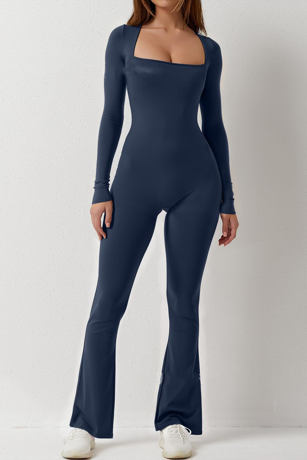 Square Neck Solid Color Long Sleeve Sports Jumpsuit