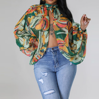 Printed Lace-Up Chiffon Top