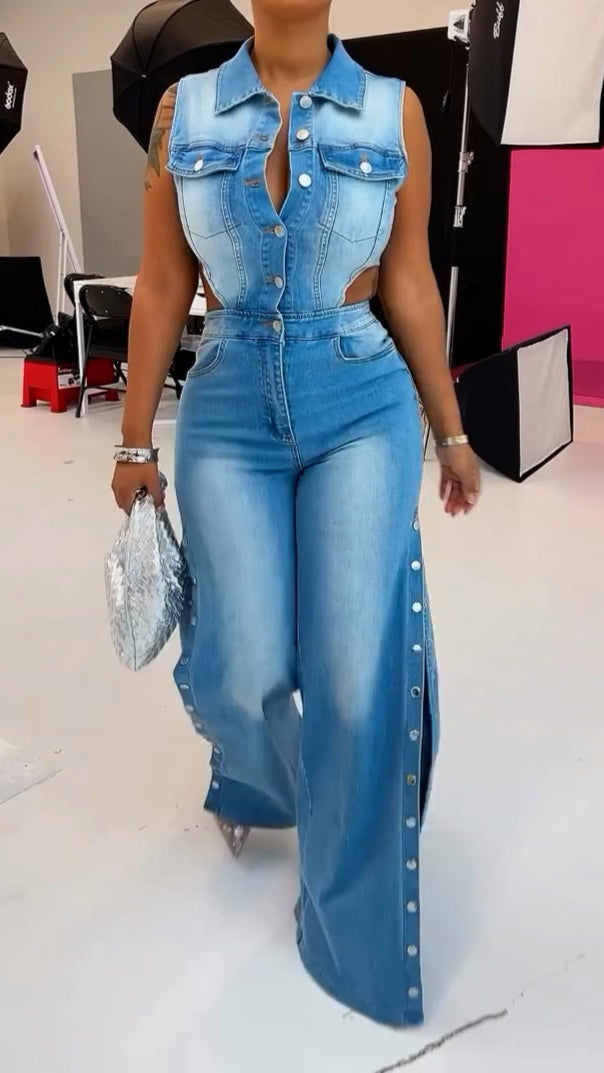 Snap It Out Wide Leg Denim Jumpsuit