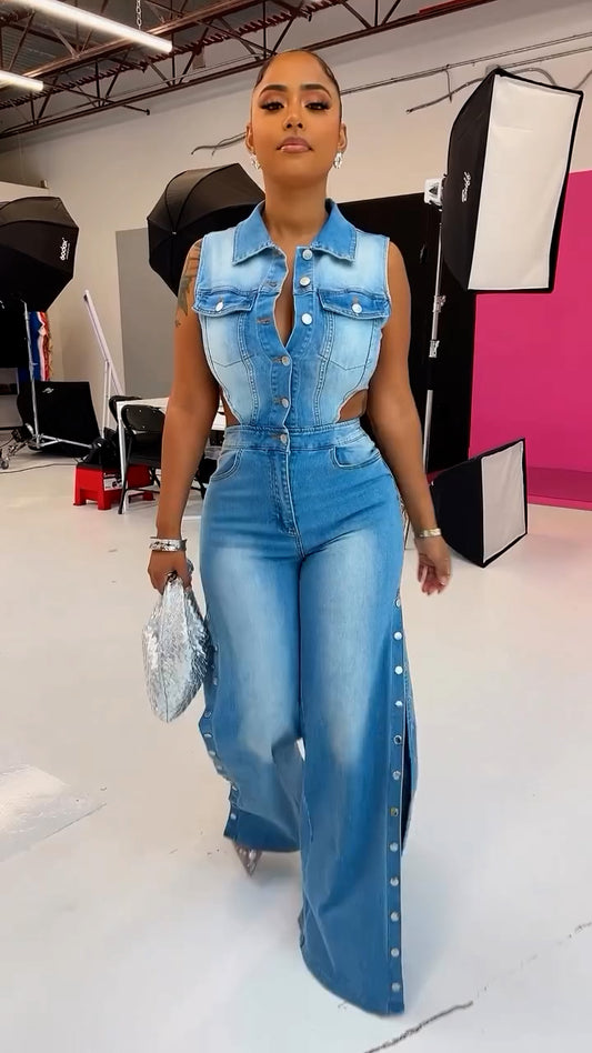 Snap It Out Wide Leg Denim Jumpsuit