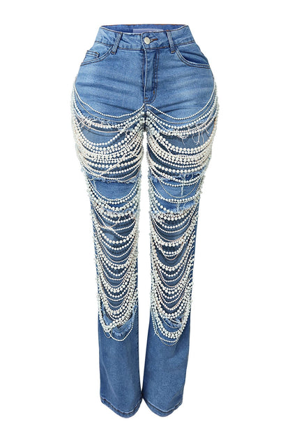 Kelly Pearl And Rhinestone Denim Jeans