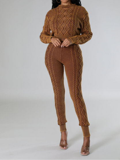 Knitted Diamond Pattern Pullover Sweater Set