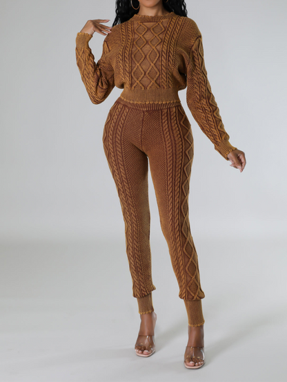 Knitted Diamond Pattern Pullover Sweater Set