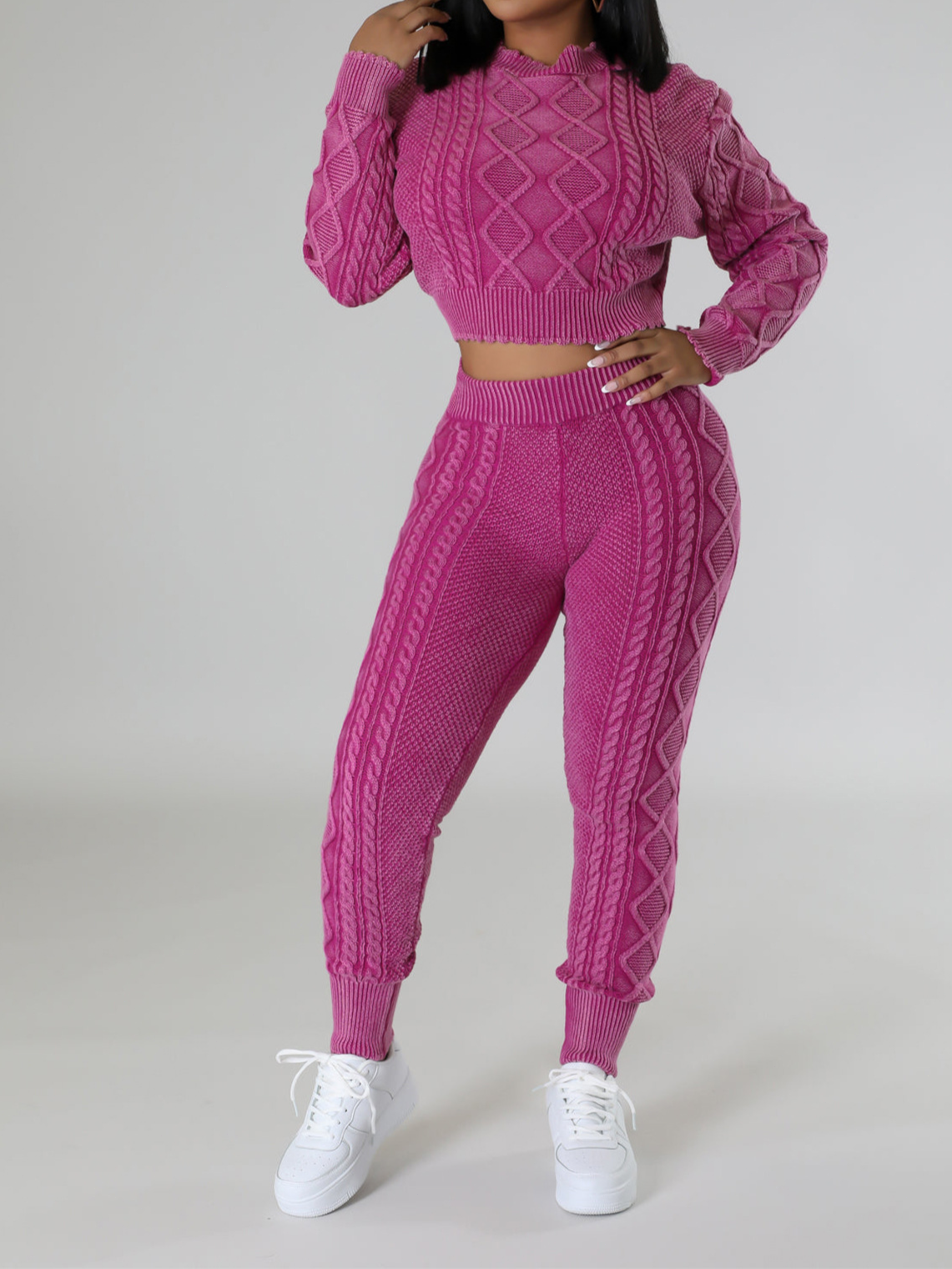 Knitted Diamond Pattern Pullover Sweater Set