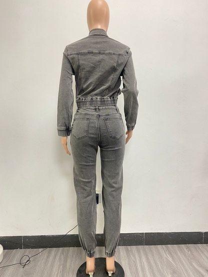 Multi-pocket Washed Denim Casual Top & Pants Set