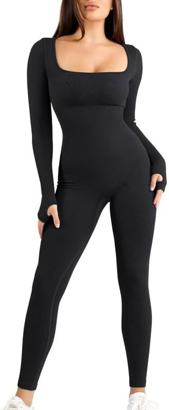 Square Neck Women's Long Sleeve Jumpsuit with Built-in Bra