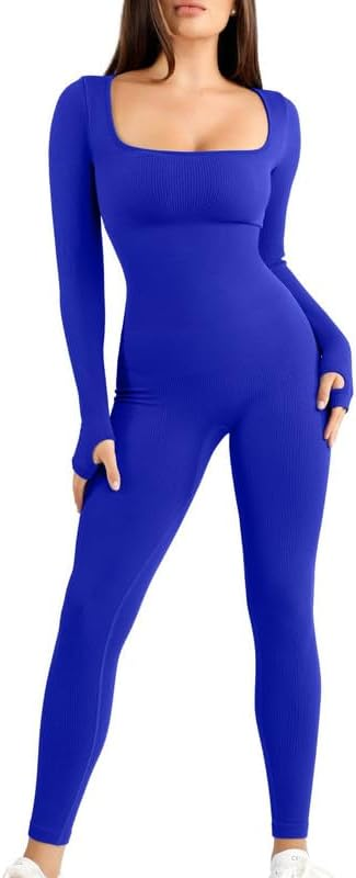 Square Neck Women's Long Sleeve Jumpsuit with Built-in Bra