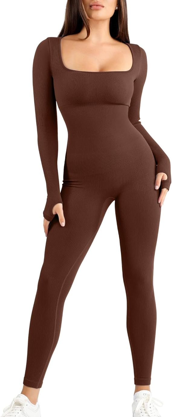 Square Neck Women's Long Sleeve Jumpsuit with Built-in Bra