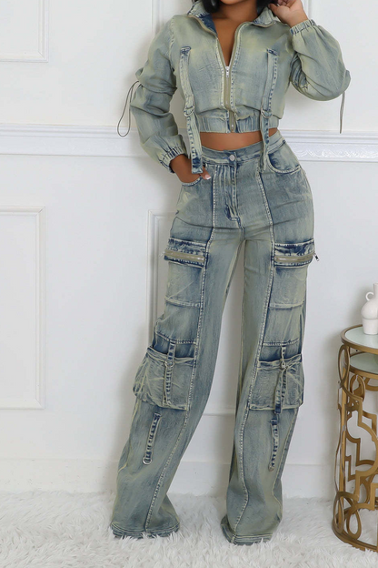 High Elastic Multi-Pocket Washed Denim Casual Two-Piece Suit